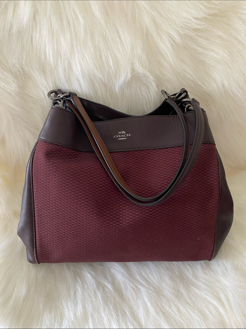 Coach Woven Lexy Carryall Bag in Dark Maroon Canvas and Oxblood Leather